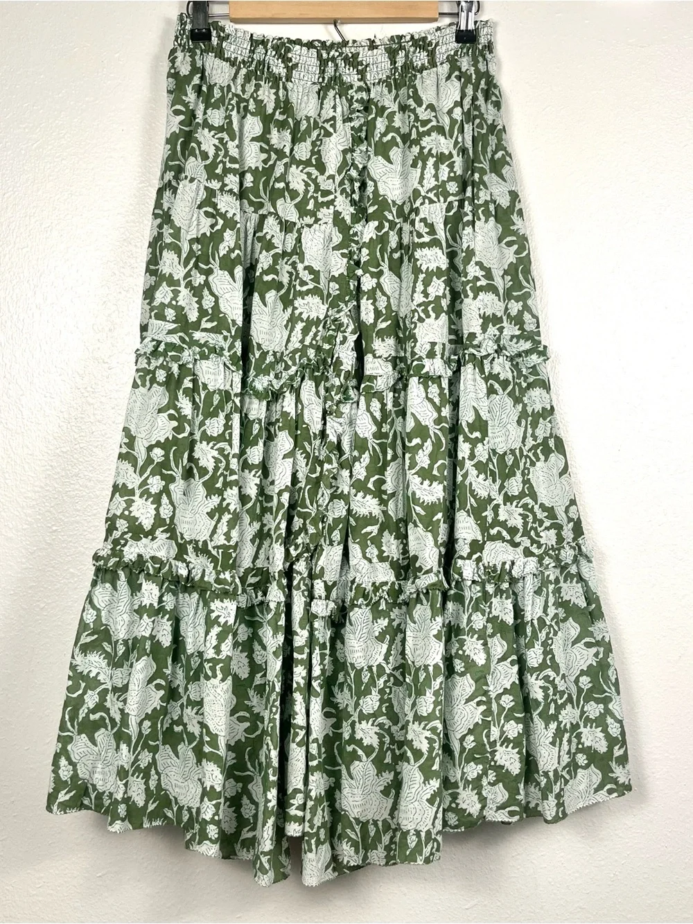 MAJE Size 42/Large Jitale Green Floral Block Print Ruffled Cotton Midi Skirt